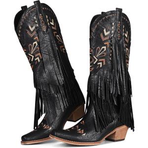 SaraIris Women's Cowgirl Boots Knee High Fringe Boots (Black)