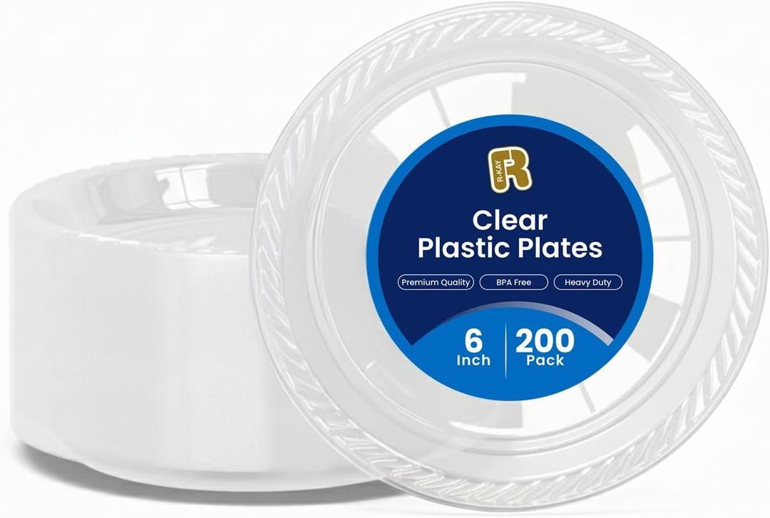 R-kay 200 Pack, 6 Inch Clear Plastic Plates - Heavy Duty Small Dessert Plates - Microwavable Small Appetizer Plates