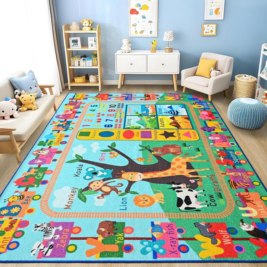 Kids Rug for Playroom, 6x9 ABC Educational Carpet for Classroom, Fun Alphabet Area Rugs for Learn Numbers Season Animal Weather and Shapes Playmat for Girls Boys Room Nursery Decor