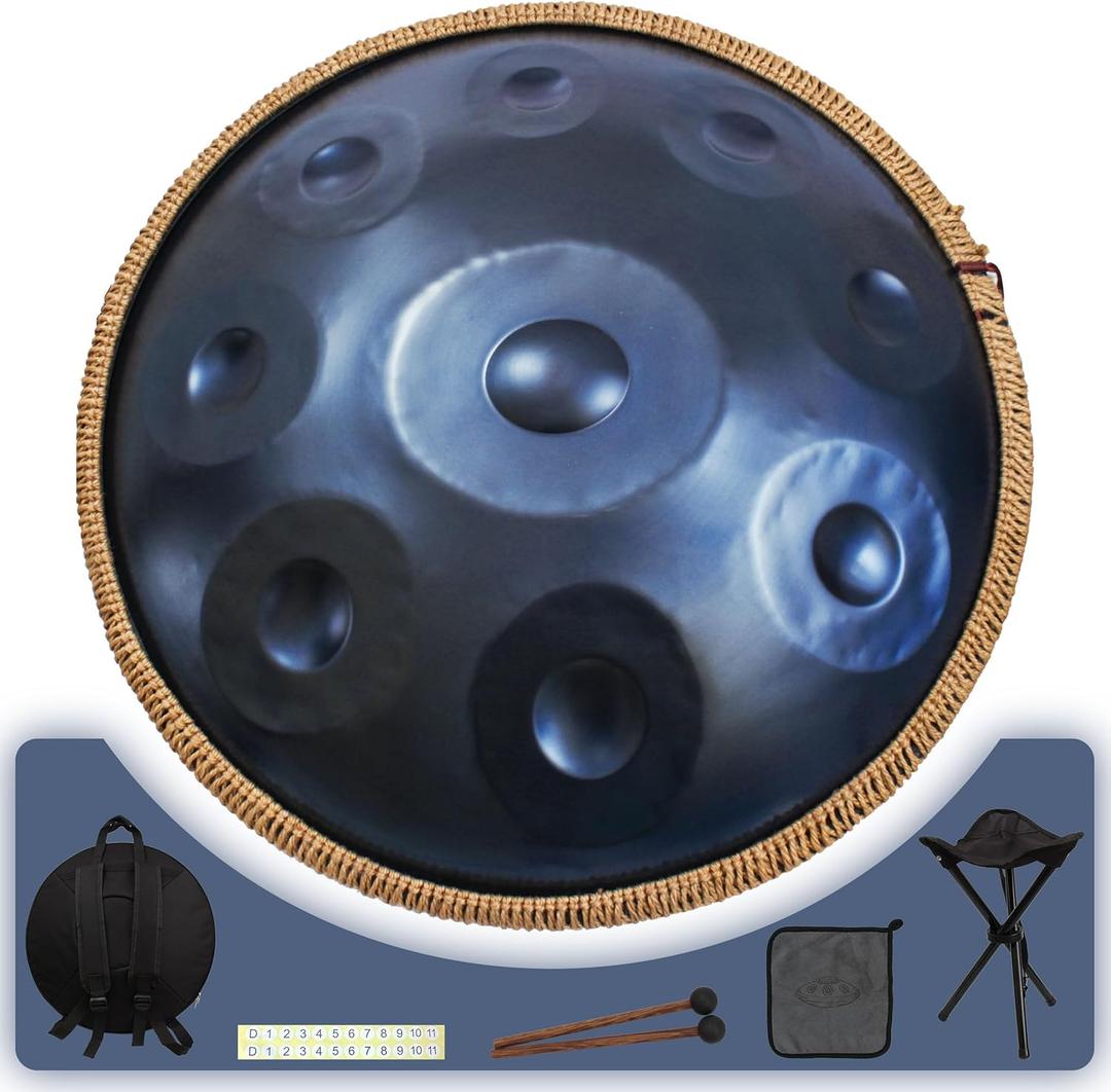 Handpan 22 inch D Minor Kurd Handpan 9 Notes Handpan Drum Instrument for Professional Performance, 440HZ Sound Handpan Drums for Adults (Blue)