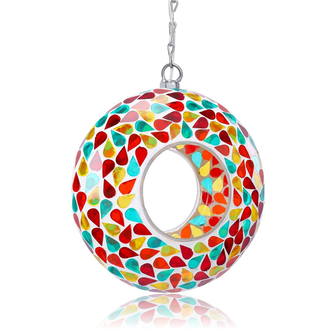 Yinns 9.5Inch Solar Mosaic Bird Feeder for Outside Hanging, Glass Birdfeeder with Round Shape Container, Bird Feeders Garden Decor