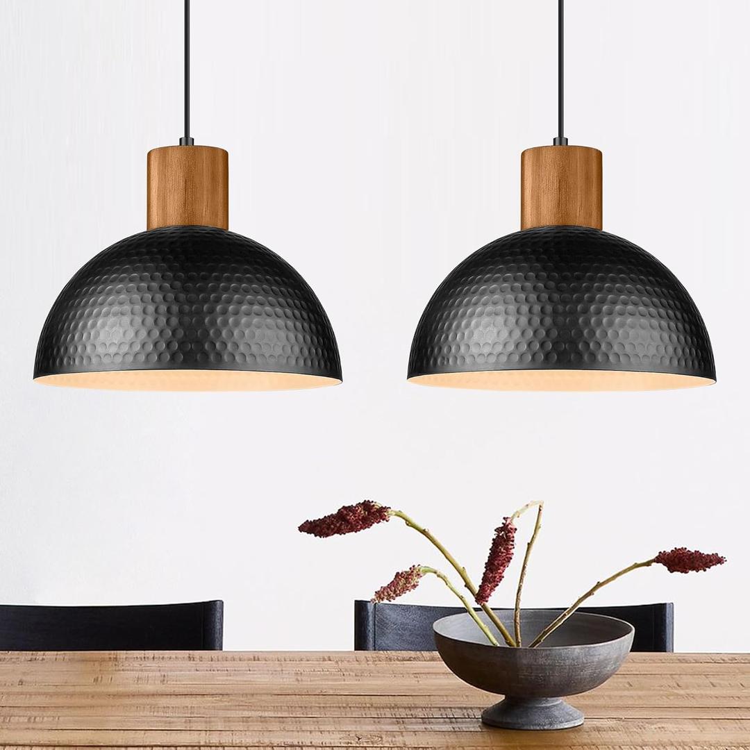 ELYONA 2 Pack Hammered Pendant Lights, 12" Industrial Metal Dome Hanging Lamp, Solid Wood Pendant Light Fixtures for Kitchen Island, Bar, Farmhouse, Dining Room, Bedroom, Hallway, Black
