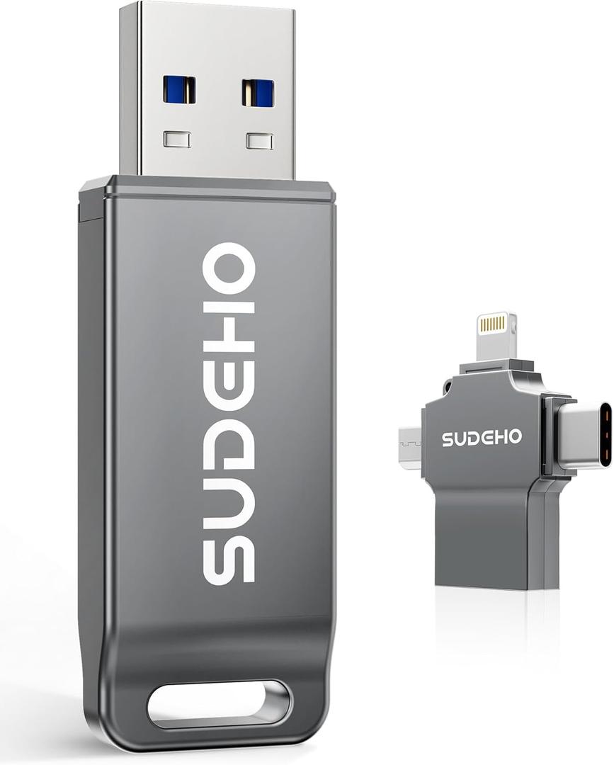 MFi Certified Photo Stick 256GB USB Flash Drive for iPhone, 4 in 1 External Memory Thumb Drive for Picture Video Backup, High Speed Memory Stick Pen Drive for iPhone/iPad/Android/PC (Gun Black)