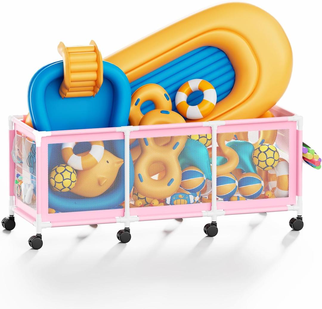 365 Gallon 103" Pool Storage Bin XXXL Extra Large Swimming Pool Float Storage Bin, Pool Noodles Holder, Toys, Floats, Balls and Floats Equipment Mesh Rolling Storage Organizer Bin, 103" Lx32 Wx35 H (Pink)