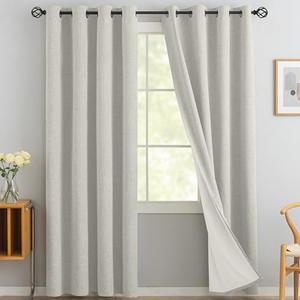 Yakamok Cream Linen Curtains 100% Blackout 84 Inches Long,Room Darkening Textured Drapes for Living Room Thermal Grommet Bedroom Curtains 2 Panels with Greyish White Liner