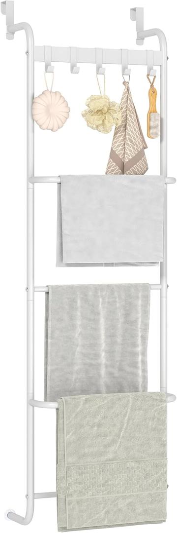 5 Tier Over The Door Towel Racks for Bathroom Wet Towel Drying Rack Clothing Storage Holder with Hooks (White, 5 Tier)