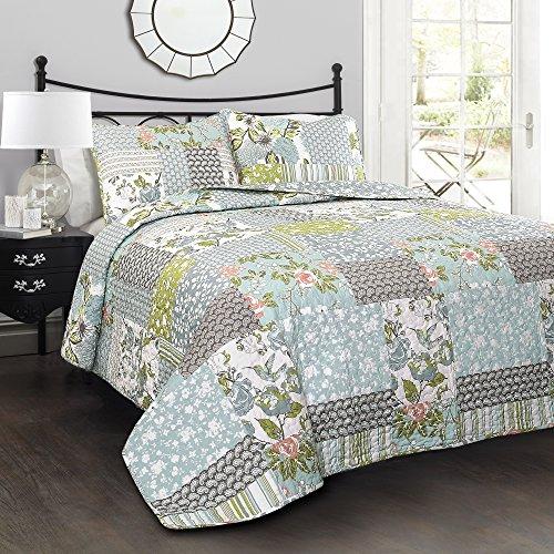 Lush Decor Roesser Reversible Cotton Quilt King Size 3 Piece Set Blue - Floral Bedding Set King Quilt - Patchwork Quilts - Cottage Core Decor