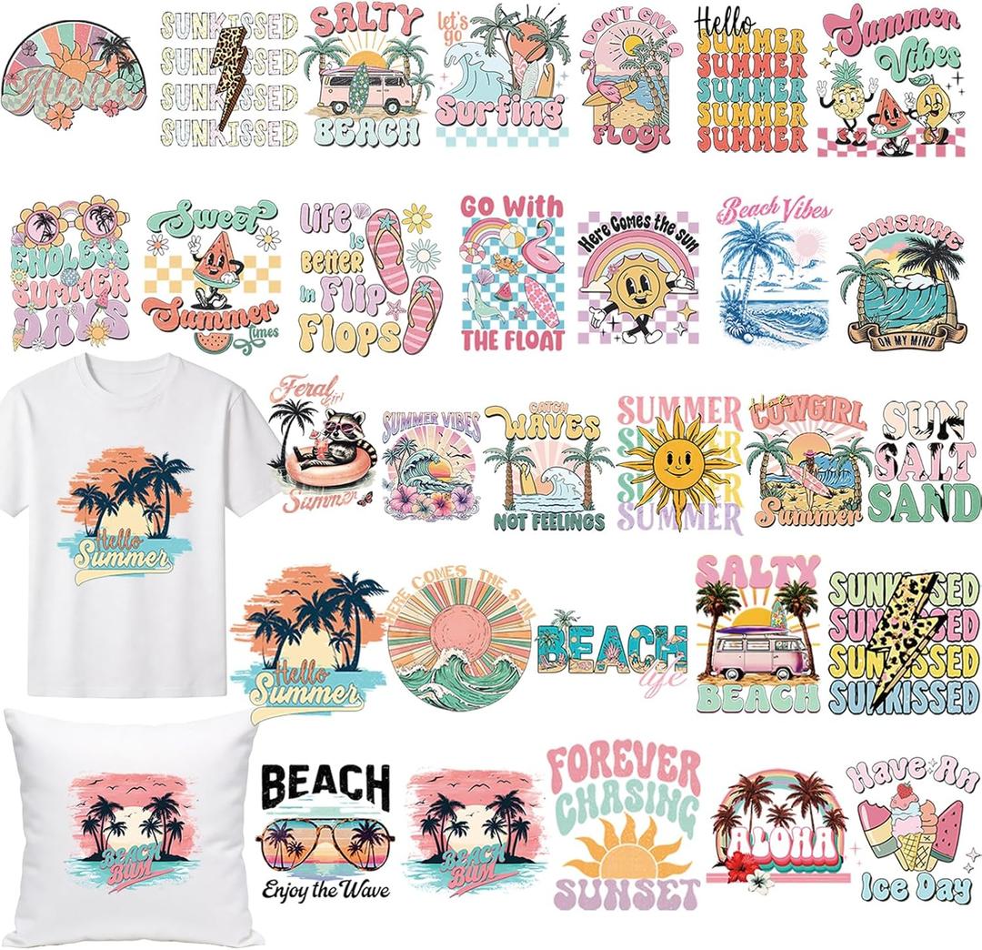 Dazoratix Summer Iron on Transfers - 30 Sheets Retro Beach Vibes DTF Ready to Press Bulk Heat Patches Funny Stickers Vinyl Decals for T Shirts Clothing Pillow Bag Hat DIY Crafts Appliques Decorations
