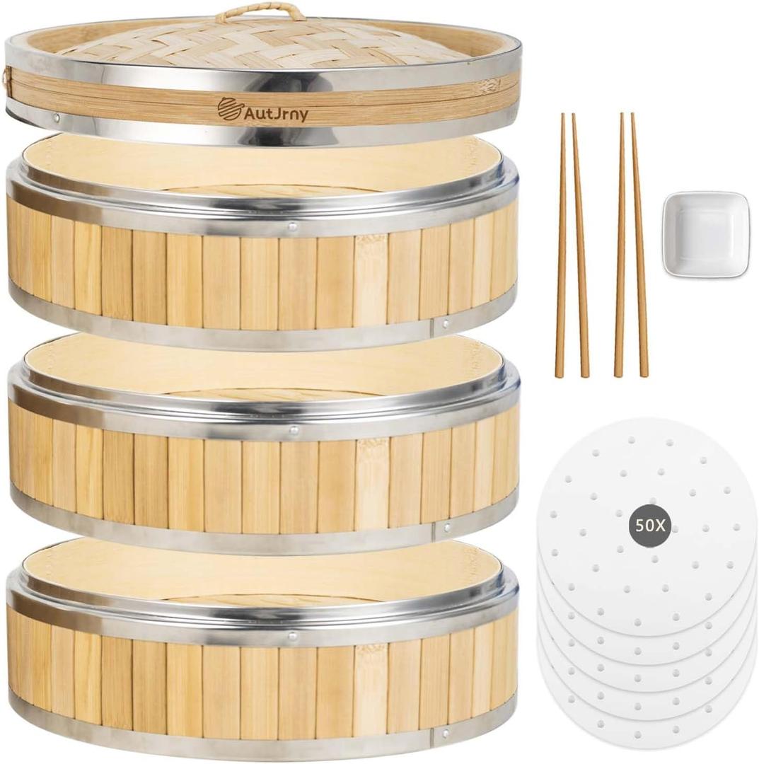 11.8-Inch Vertical Bamboo Steamer Basket, 3-Tier with Stainless Steel Rings | 50 Liners, Sauce Dish & 2-Chopsticks | Cooking Pot for Buns Dumplings Rice Vegetables Dim Sum