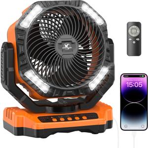 40000mAh Battery Powered Camping Fan - 136H Max Cooling, Rechargeable Battery Operated Oscillating Floor Fan with Charger, Remote & Hook, Portable for Tent Outdoor Patio Garage Hurricane Power Outage (Orange)