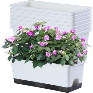 Window Box Planter 8 Pcs, 17 Inches Rectangle Flower Pots with Drainage Holes and Trays, Vegetable Planters for Windowsill Patio Garden Balcony Home Porch Yard Indoor Outdoor (White)