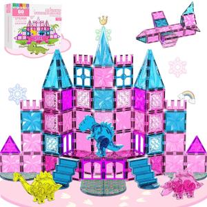 60PCS Dinosaur Toys Magnetic Tiles for Girls, Magnetic Building Blocks Sensory Dino Toy for Girl Ages 3-5 4-8 Year Old, Girl Toys Dinosaur Decorations Birthday Gifts for 3+ Years Old Kids Boys
