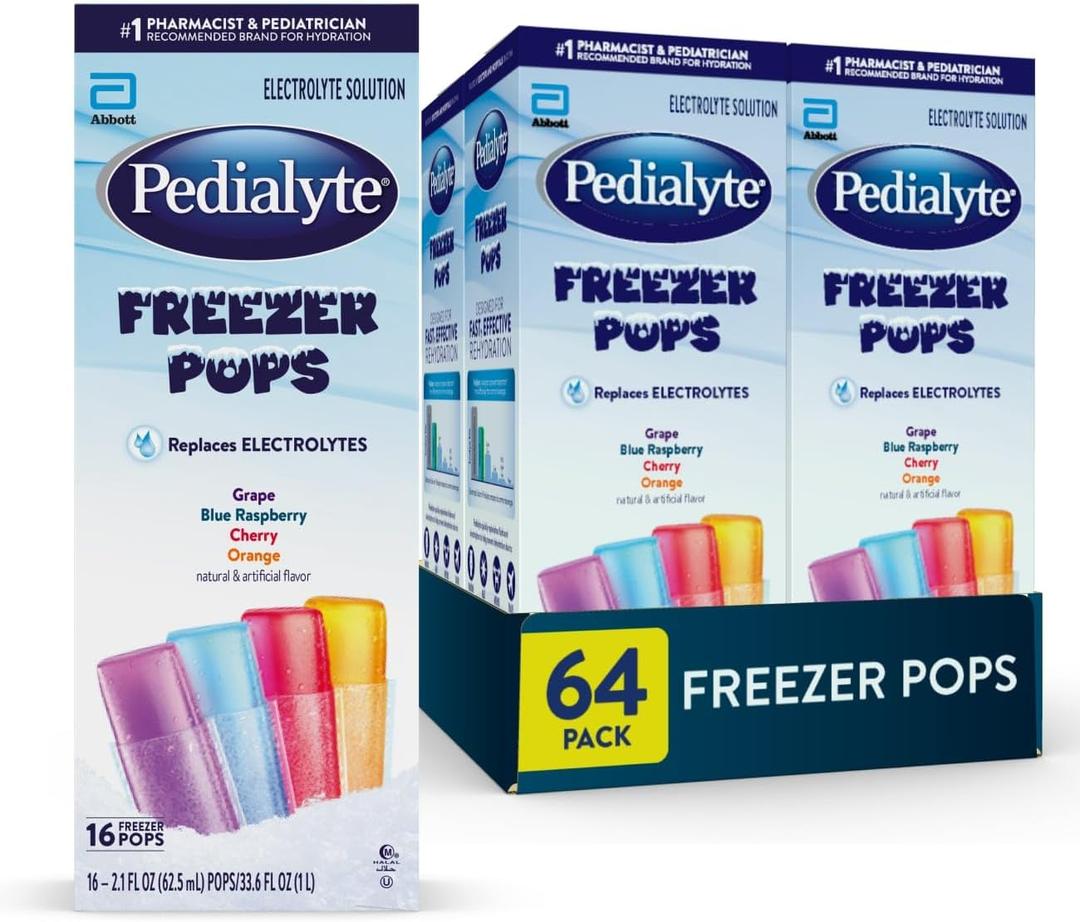 Pedialyte Electrolyte Solution Freezer Pops, Hydration Variety Pack Grape, Blue Raspberry, Cherry, Orange, Pack of 64