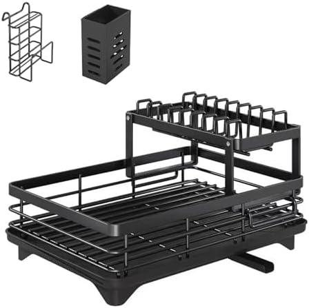 Dish Drying Rack for Kitchen Counter - Large Dish Rack with Drainboard,Drain-Pipe Rustproof Dish Drainer with Utensil Holder for Sink, Black-2 Layers