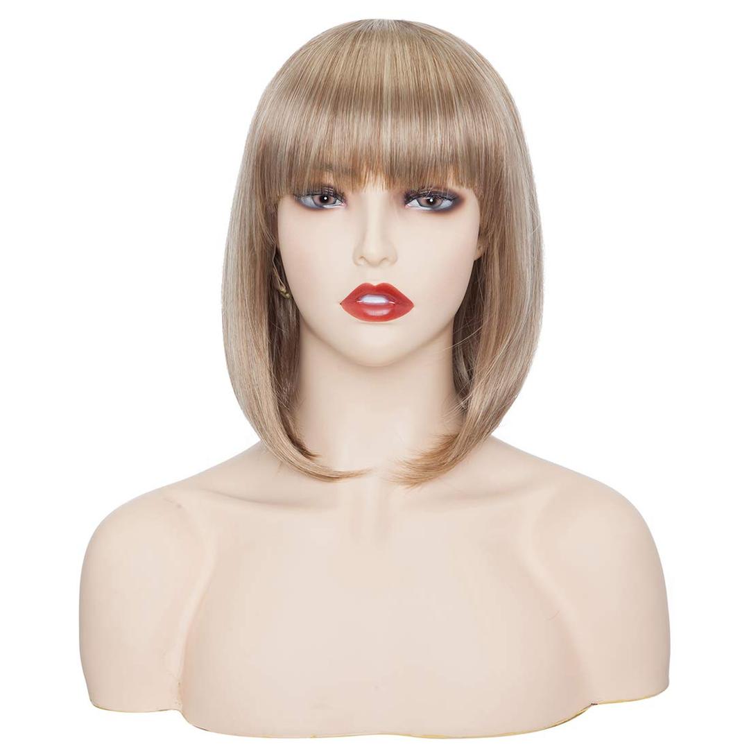 S-noilite Short Blonde Bob Wig with Bangs, Heat Resistant Synthetic Hair BOB Wigs for Women's Cosplay Costume Daily Halloween Party Straight (12inch, Dark Blonde Mix Bleach Blonde)