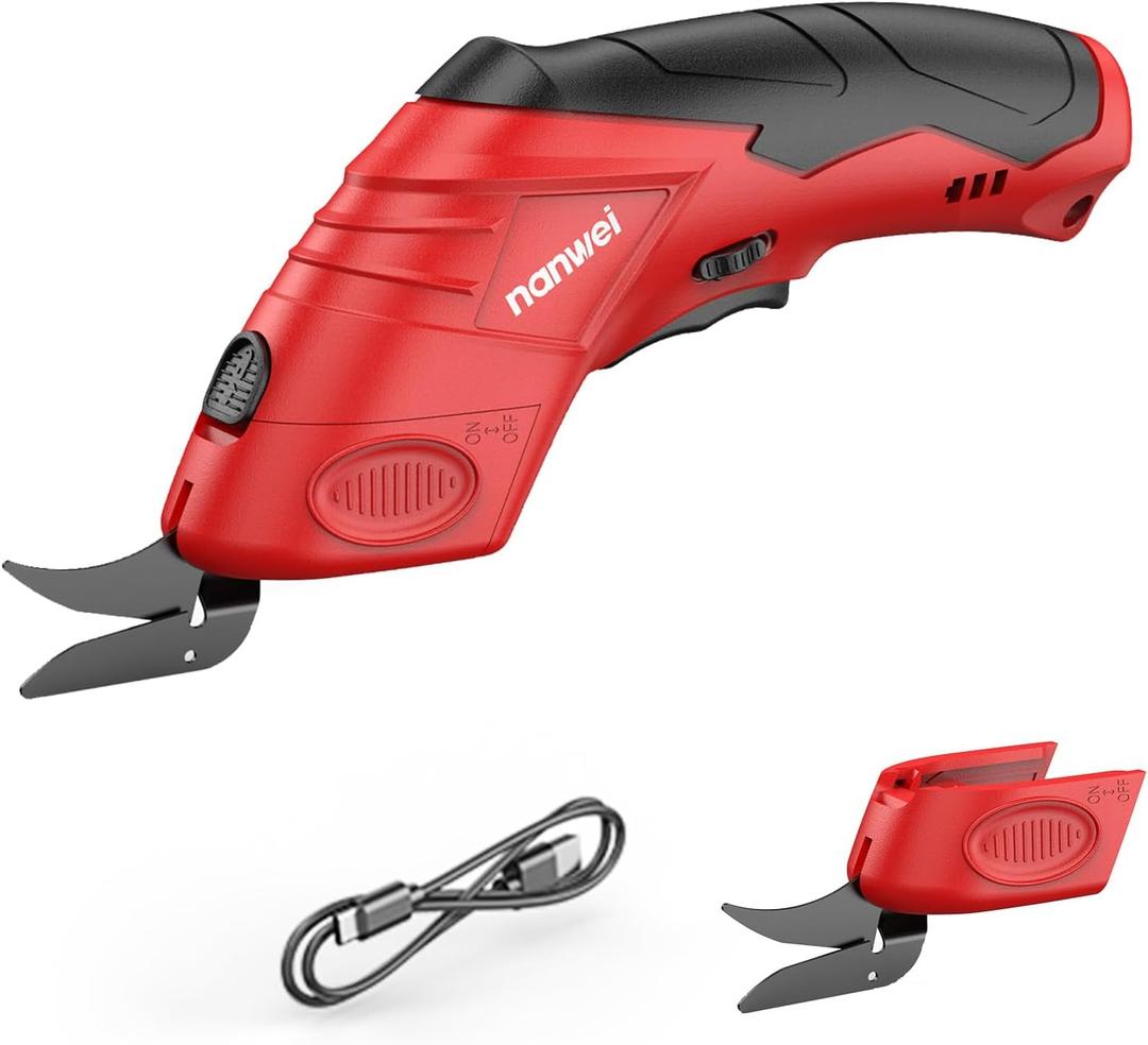 NANWEI Electric Scissors Cordless, Type-C Rechargeable Cardboard Cutter with 2 Blades,4.2V Hightorque Motor,for Thin Cardboard Fabric Carpet Leather (Red)