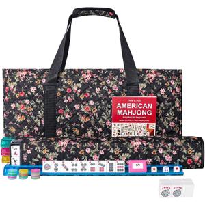 American Mahjong Game Set, 166 Premium White Tiles, 4 All-in-One Color Rack/Pushers, Complete Mahongg Tile SetFlower Printed Carrying Bag (Rectangular, Black), 8 inches x 15 inches x 2 inches