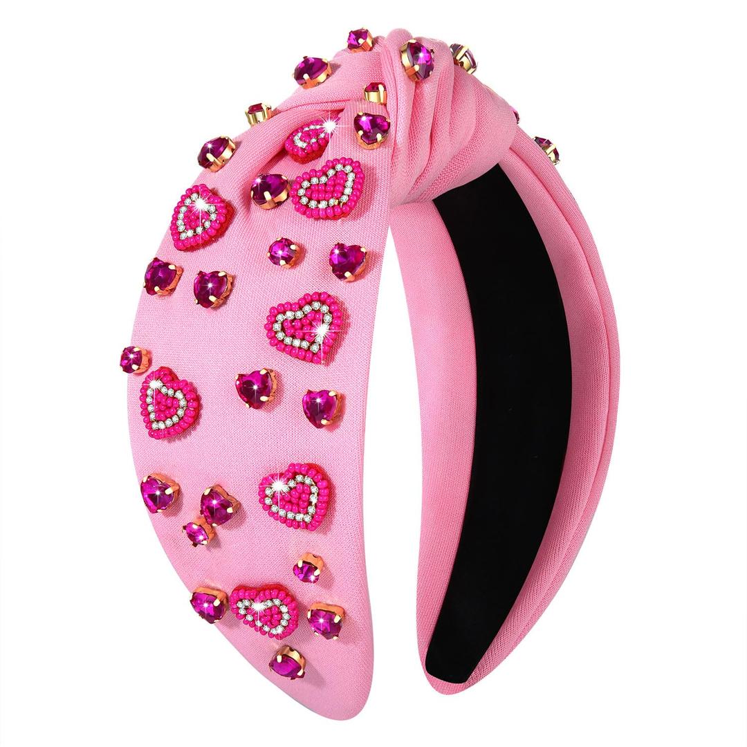 boderier Valentines Day Headband Red Pink Heart Headband Jeweled Crystal Knotted Valentines Lover Party Hair Accessory (Pink-Beaded Rhinestone Heart)