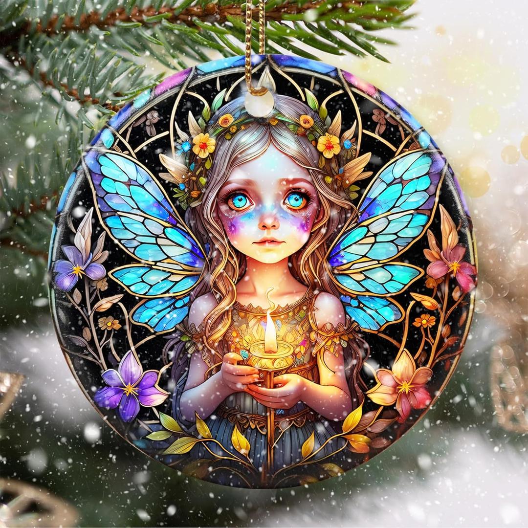 2 x Stained Ceramic Fairy Ornament - Fairy Christmas Ornaments - Christmas Tree Ornaments - Christmas Decorations - Fairy Decor for Office, Room, Home - Holiday Present Ideas - A