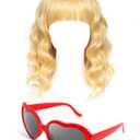 2 Pcs Halloween Singer Costume Blonde Wig with Bangs Shoulder-length Heart Shaped Sunglasses for Women