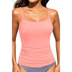 Women's Tankini Top Only Tummy Control Bathing Suits Top U Neck Swimwear Tops No Bottom (Large, Coral Pink)