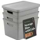 BINO | Plastic Storage Bins with Lids, 22 Liter - 3 Pack, Natural Grey | THE BRAIDED COLLECTION | Plastic Bins for Organization Woven Storage Baskets for Organizing Pantry Shelf Organizer Basket Bin
