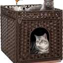 Handwoven Rattan Cat Litter Box Enclosure Furniture - Hidden Cabinet with Odor-Control Mat, Anti-Spill Fence & Secure S-Hooks for Living Room/Bedroom, 18.2"x18.2"x24.5" (Brown)