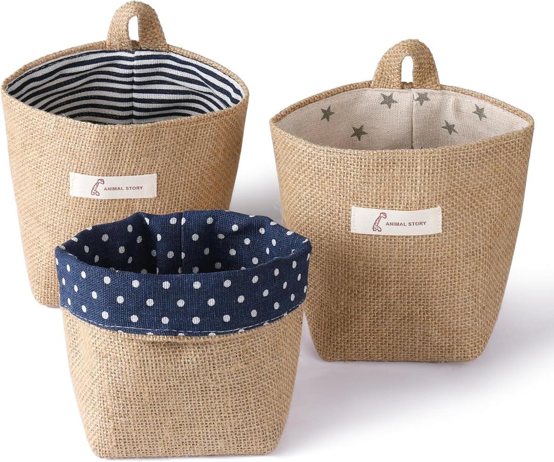 3 PCS Mini Hanging Storage Bag Cotton Linen Small Storage Basket Wall Hanging Storage Pouch Foldable Storage Box Family Organizer Decorative Bag for Key Sunglasses Snack Wallet on Door Closet Desktop