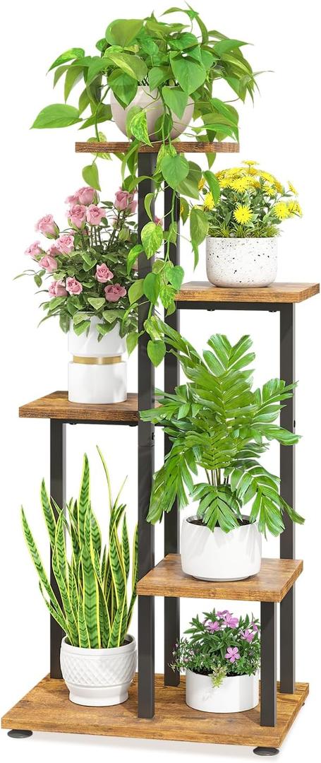 LASZOLA Black 5 Tiered Wood Plant Stand Indoor for Large Heavy Duty Planter, Sturdy Multi Level Corner Vertical Flower Rack for Narrow House, Rustic Tall Orchid Shelving Holder for Decor, Space Saving (26-33 inch, Classic Black + Brown)