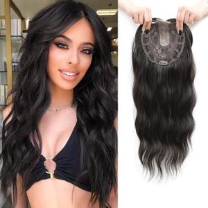 Fine Plus 20inch Hair Topper 7"X7" Hair Toppers for Women with Thinning Hair Synthetic Wavy Toppers Hair Pieces for Women Large Base Wiglets Ladies Clip in Hair Topper-Brown Black