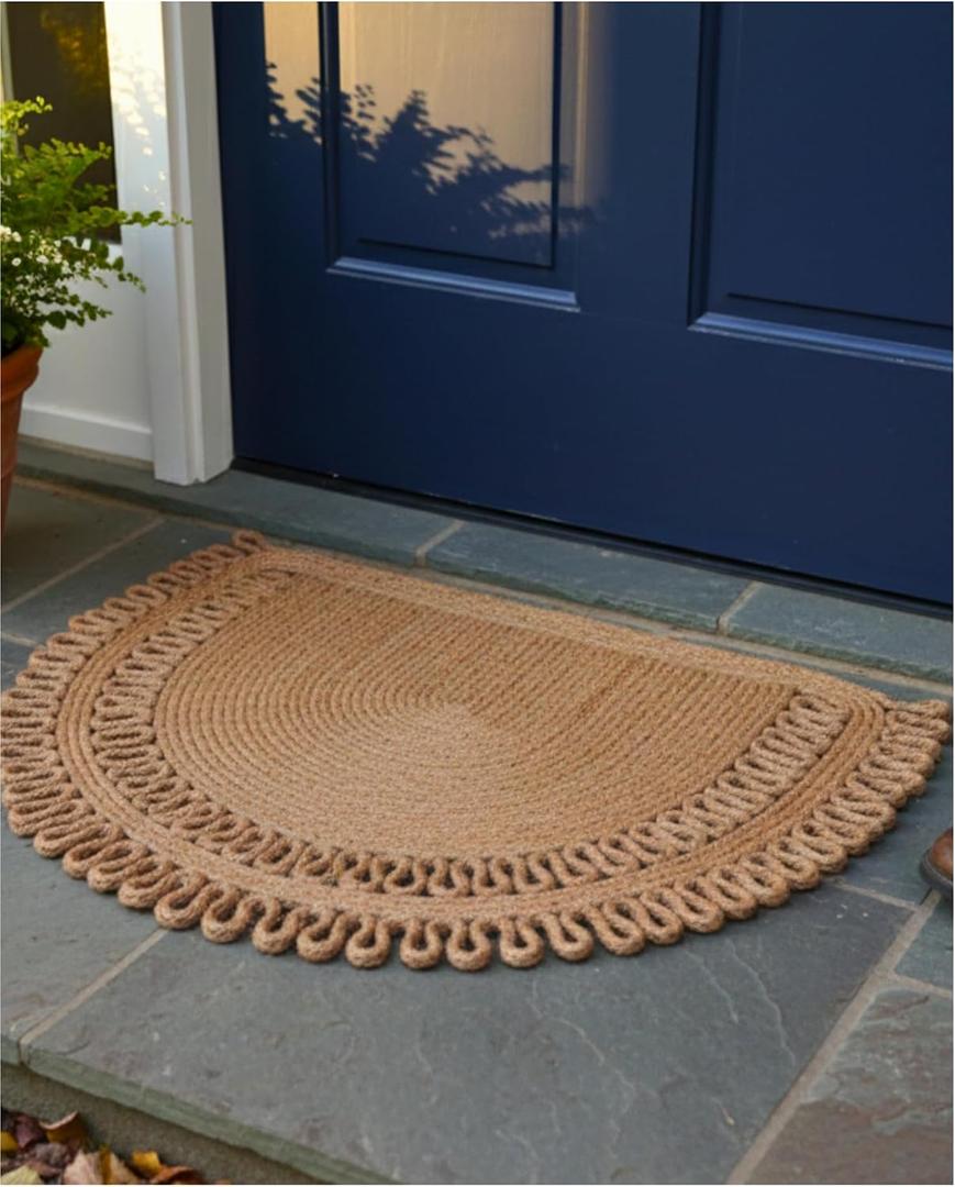 Jute Semi Circle Doormat Half Moon Braided Front Door Mat, Non Shedding & Washable, Non Slip Backing, Waterproof Indoor Outdoor Entryway Rug for Porch, RV, Camper & Boat, 1'11" x 2'10"