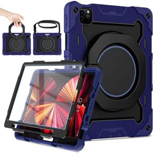 ROISKIN for iPad Air 5th 4th Generation Case (2022 2020) 10.9 inch & iPad Pro 11 Case 4th/3rd/2nd/1st Gen[Screen Protector, Pen Holder,15ft Drop Protection]with 360 Stand Hand Strap for Kids Women Man (Ring Stand-Navy Blue)