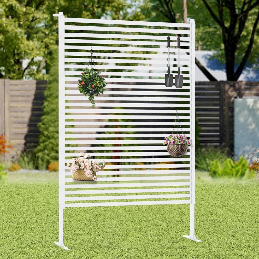 Outdoor Privacy Screen with Stand, Rustproof Metal Fence Panel, 47.24’’ x 71’’ PE-Coated Steel Slats, Decorative Privacy Fence for Patio, Garden, Backyard, Trash Can, White(1 Panel)