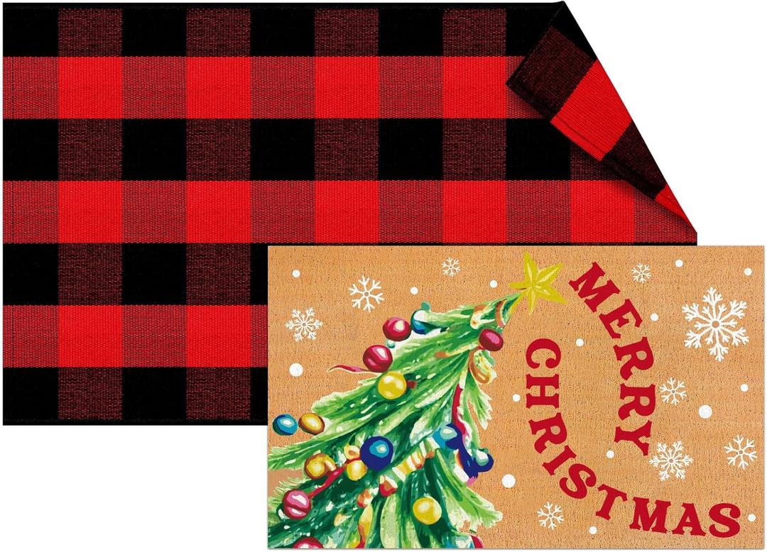 2 Pcs Merry Christmas Door Mat Combo Set Outdoor Rug Welcome Mat and 27.5 x 43 Inches Black and Red Buffalo Plaid Rug Layered Doormats for Xmas Holiday Outdoor Porch Decor