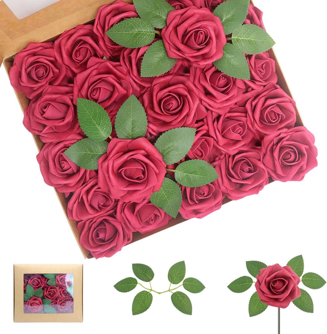 Artificial Flowers 50PCS Burgundy Roses Real Looking Foam Fake Roses with Leaves and for DIY Wedding Bouquets Bridal Shower Centerpieces Party Decorations (Burgundy)