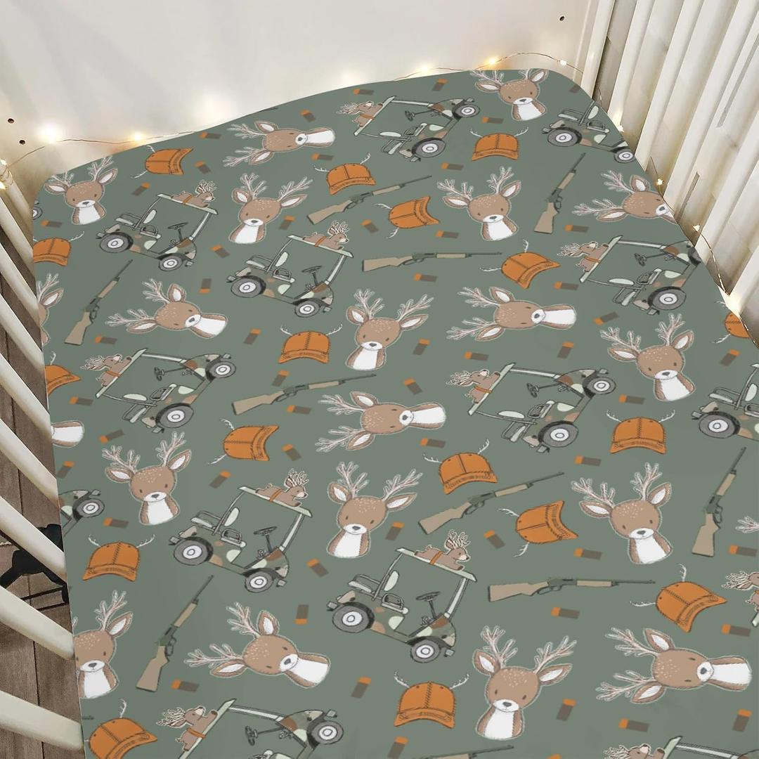 Green Boys Kids Hunting Baby Crib Sheets for Boy 52"x28" Camouflage Deer Hunting Soft Snug Fitted Crib Mattress Cover Animal Hunt Hunter Nursery Baby Sheet for Standard Crib & Toddler Bed Mattress, One size