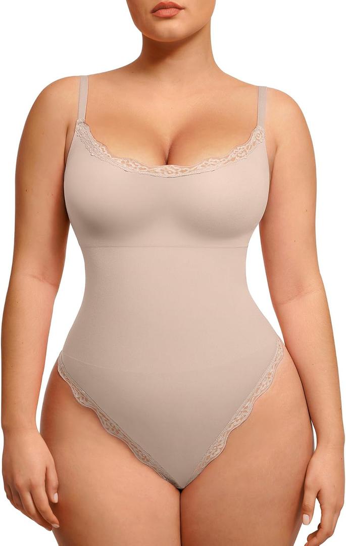 Lover-Beauty Lace Bodysuits Shapewear for Women Breathable Thong Tank Top with Removable Cups (Medium-Large, Beige)