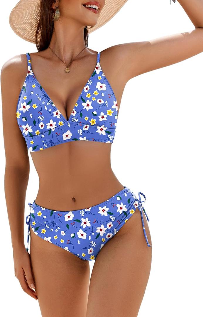AI'MAGE Bikini Set for Women Triangle Floral Print Bikini Set Two Piece Swimsuit V Neck Bathing Suits (Large)