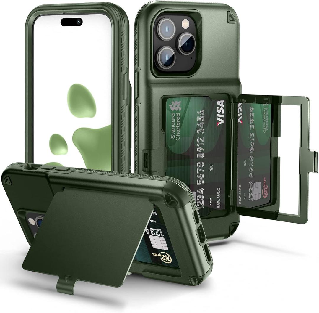 WeLoveCase for iPhone 14 Pro Max Case for Women, Men Defender Credit Card Holder Cover with Hidden Mirror, Three Layer Shockproof Heavy Duty Protection Case for iPhone 14 Pro Max 6.7'', Green