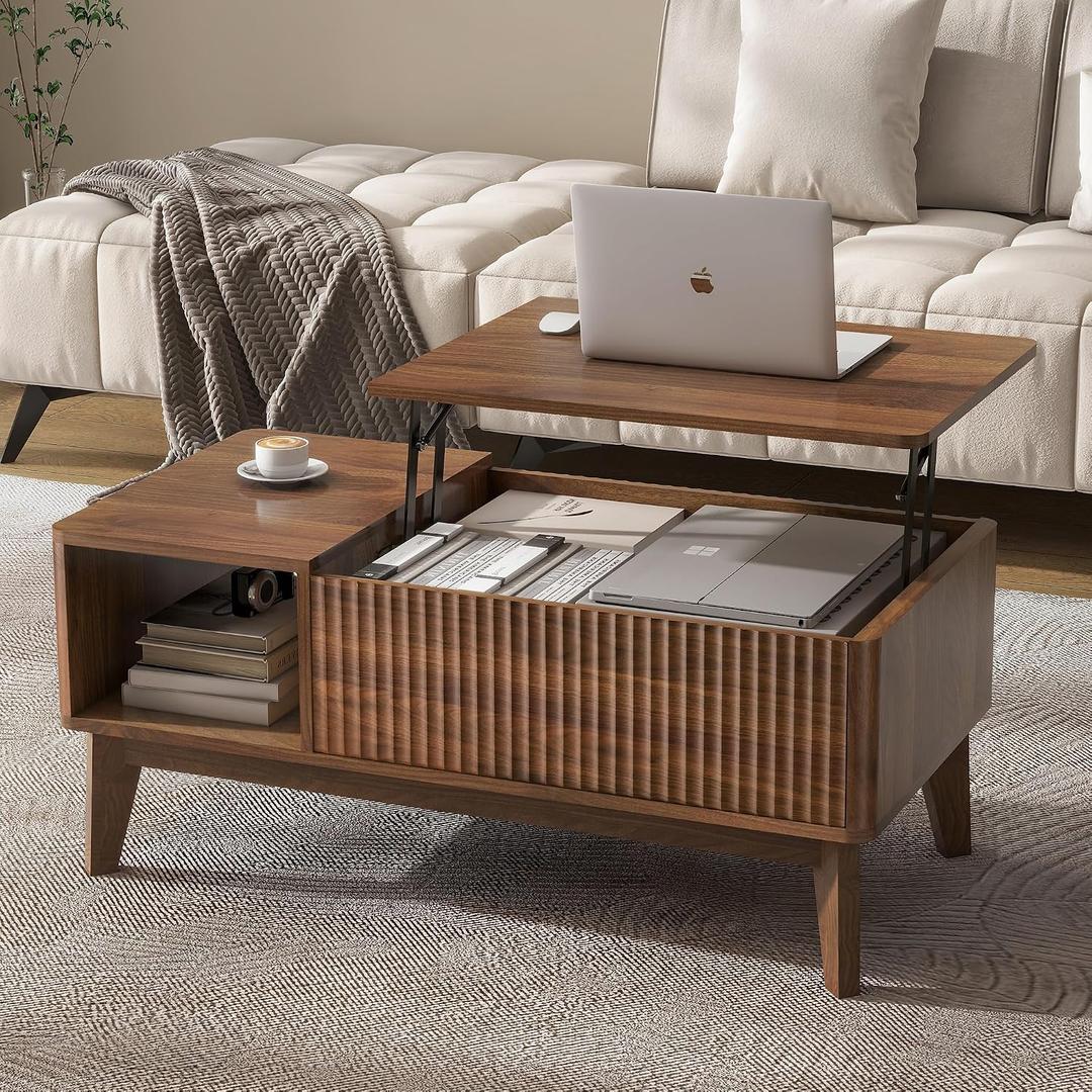 LYNCOHOME Fluted Lift Top Coffee Table with Storage, Modern Coffee Table for Living Room, Home OfficeWalnut