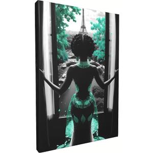 Black Girl Wall Art African American Wall Decor Modern Paris Painting Pictures Canvas Prints Teal Bathroom Decor Framed Artwork for Bedroom (Teal Framed, 16 * 24 inch)