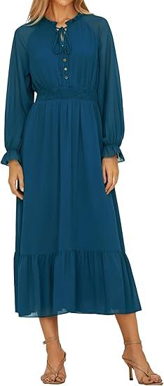 Sunny Spirit Women's Floral Boho Midi Dress 2025 Spring Fall Long Sleeve V Neck Chiffon A-Line Flowy Party Dresses, Large