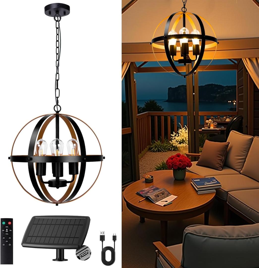 Solar Chandelier Outdoor, 4-Light 16" Farmhouse Globe Chandelier Waterproof Dimmable Hanging Pendant Lights for Gazebo, Pergola, Canopy, Porch, Patio Decor