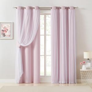 Bujasso Pink 80% Blackout Curtains with Sheer Overlay Mix and Match Double Layer Thermal Insulated Window Panels 95 inch for Living Room Bedroom PinkDrapes with Tiebacks Grommet Top 37" Wx95 Lx2, 2 Pack
