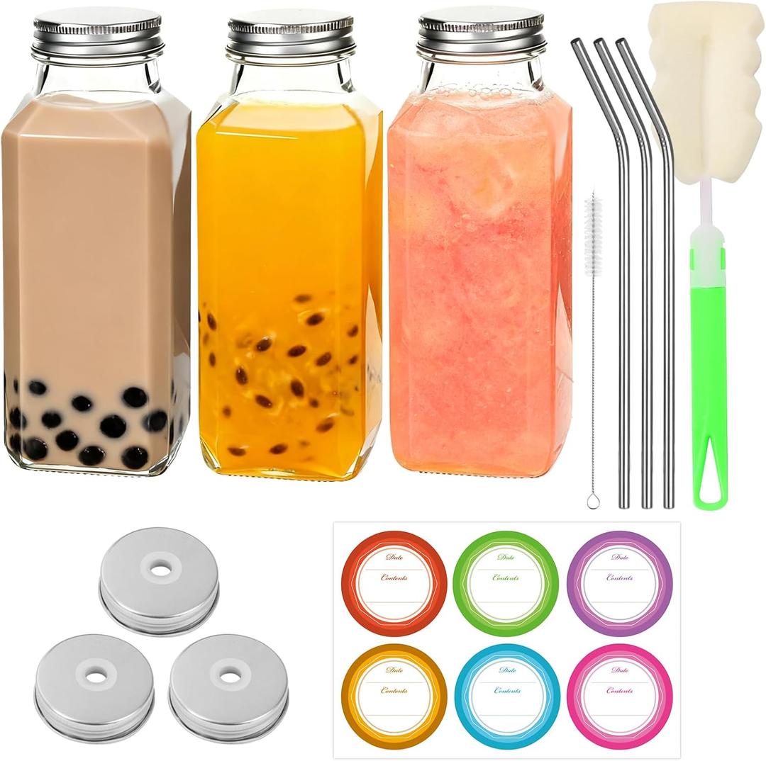 BIGIVACA 12 oz Glass Juice Bottles with Lids 3 Pack | Reusable & Leakproof Juicing Jars with Airtight & Sipping Lids, Straws & Brushes for Travel, Office, Home, Gym