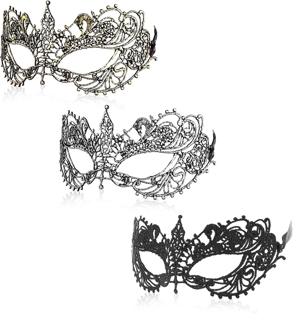 3 Pcs Adult Masquerade Mask Mysterious Fun Lace Masks for Couples Women Man Lace Headpiece Disguise for Costumes (Black/Gold/Silver)
