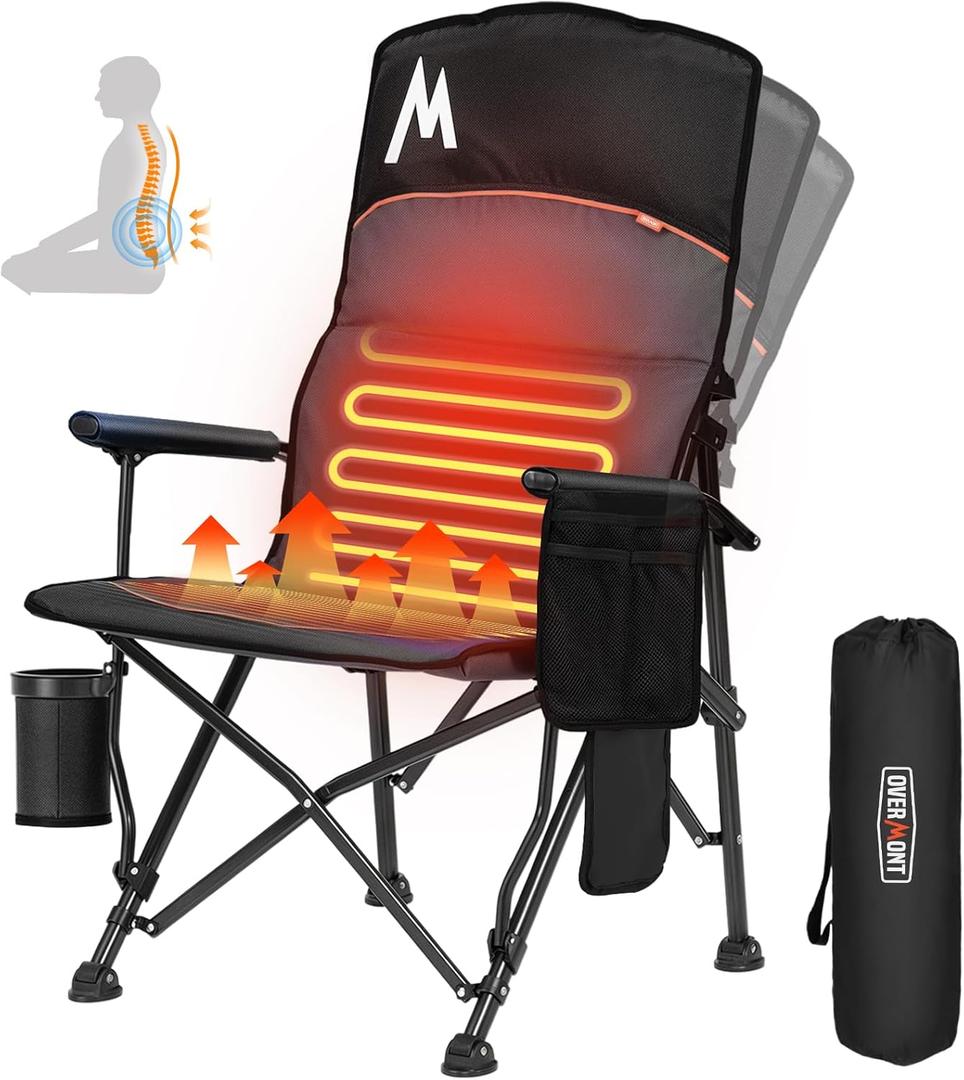 Overmont Heated Camping Chair with High Back - 3 Heat Levels 2-Zone Separately Heating - 450 LBS Support Heavy Duty Folding Chair Portable for Adults Patent No.: US D1.028.543S - Battery NOT Included (Black)