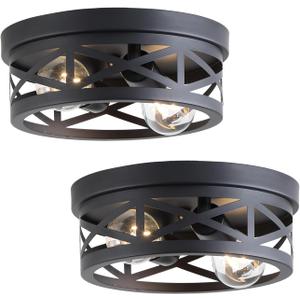 2 Pack Black Farmhouse Flush Mount Ceiling Light,2-Light Rustic Hallway Light Fixtures,Industrial Lighting Fixtures Ceiling Mount for Kitchen Hall Entry Bedroom Closet