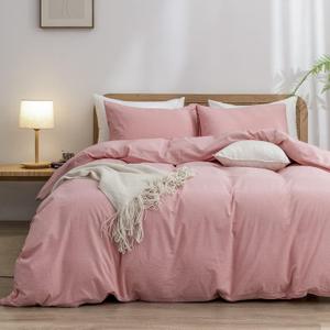 BESTOUCH Duvet Cover Set 100% Washed Cotton Linen Feel Super Soft Comfortable Chic Lightweight 3 PCs Home Bedding Set Solid Red Pink Queen (Queen (90" x 90"))