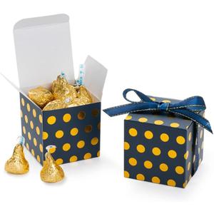 Navy Blue Gift Candy Box with Gold Dots Bulk 2x2x2 inches with Ribbon Party Favor Box for Birthday Graduation Party, Gold Dots,Pack of 50